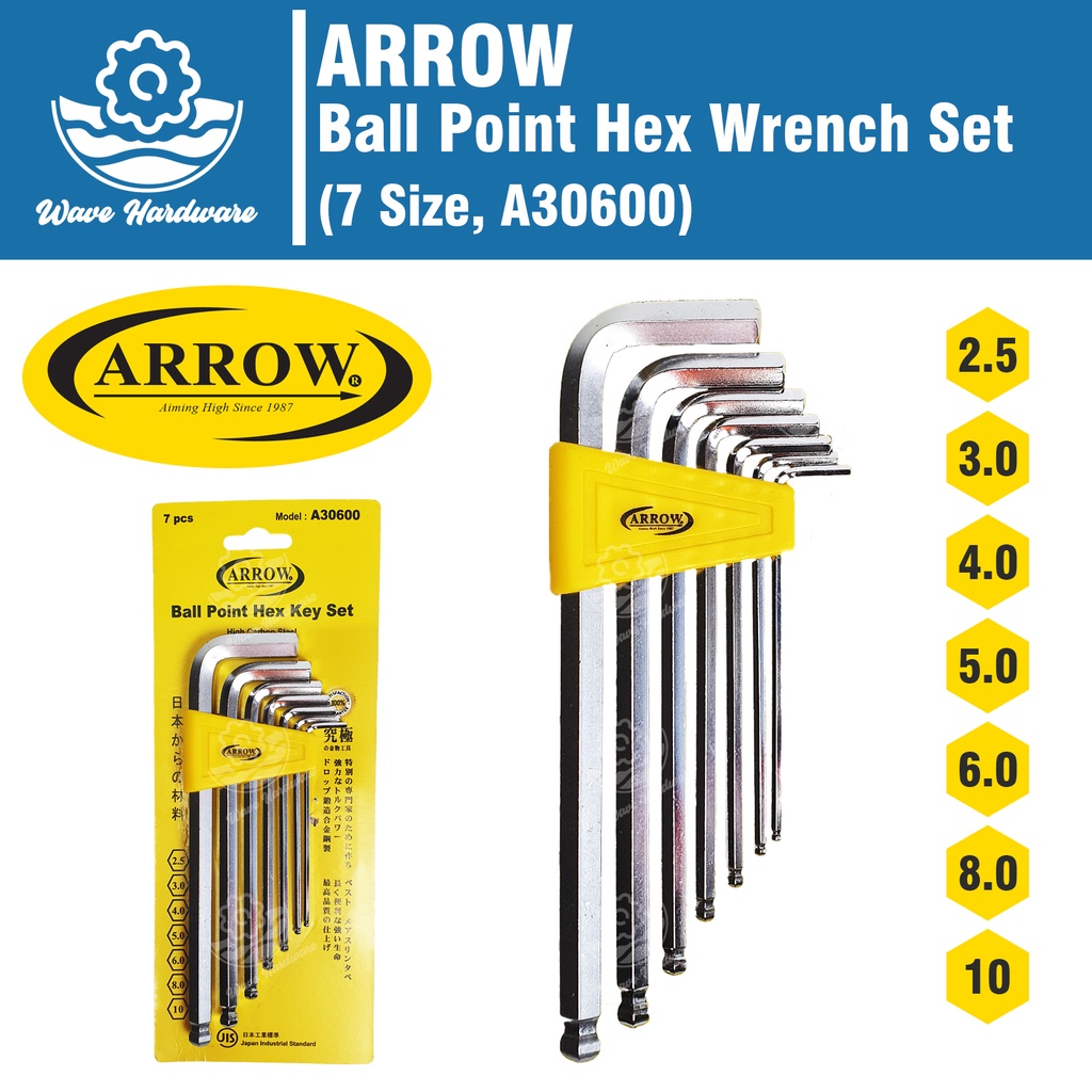 ARROW Ball Point Hex Key Set / Allen Key Set [2.5, 3.0, 4.0, 5.0, 6.0, 8.0, 10mm] (A30600)